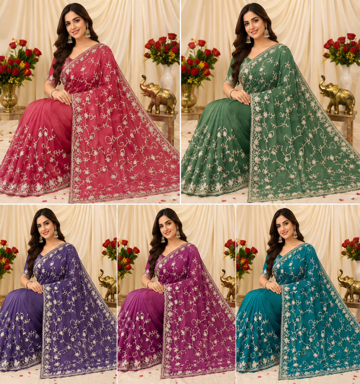 Premium Fancy Embroidered Party Wear Saree – Silver Floral Work & Designer Border