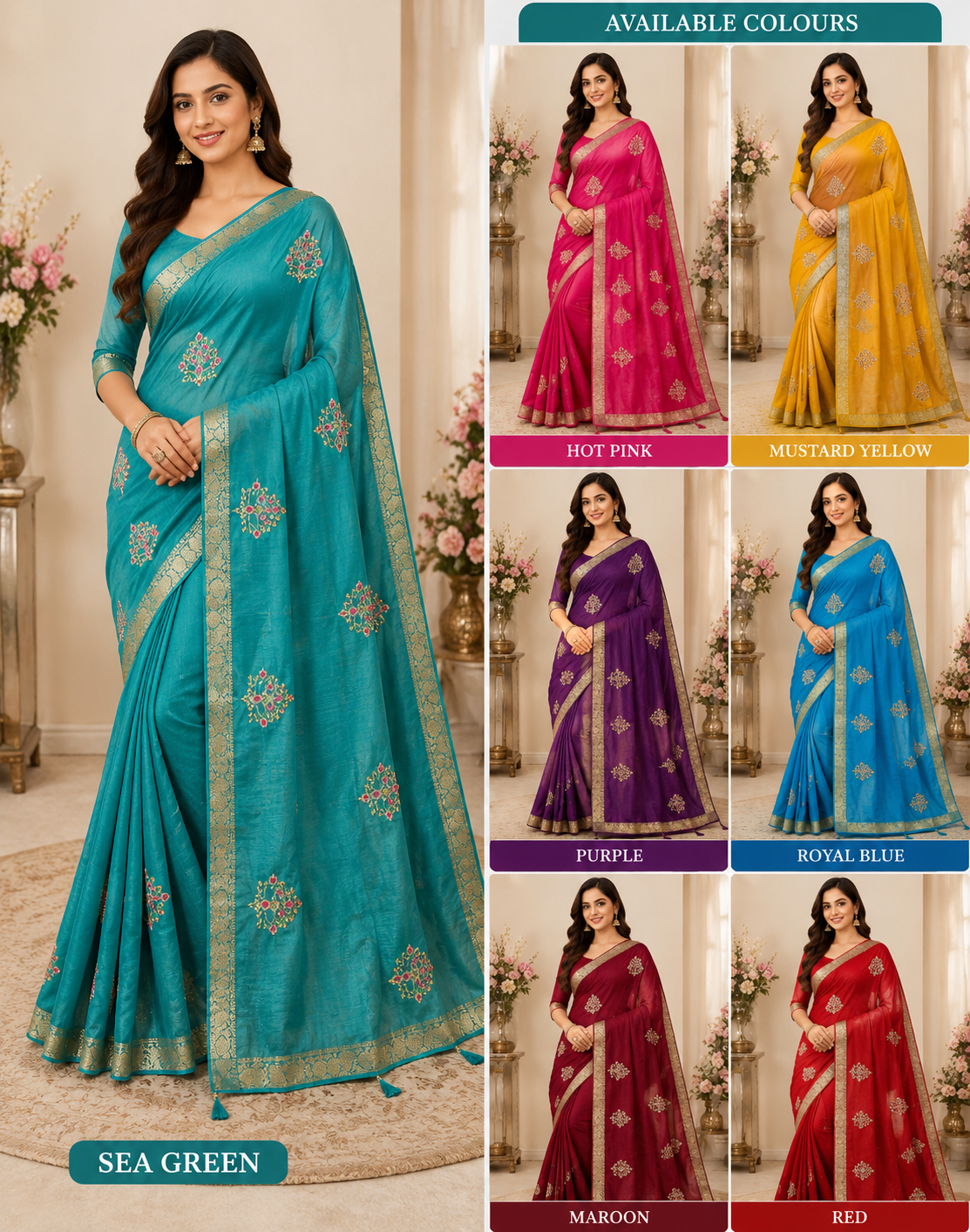 Floral Embroidered Saree with Zari Border – Festive & Party Wear